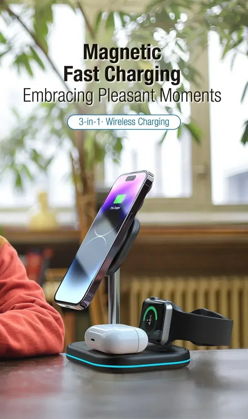 3 In 1 Magnetic Wireless Charger Stand For Magsafe iPhone 16 15 14 13 Pro Max Apple Watch 9 8 AirPods Pro Fast Charging Station