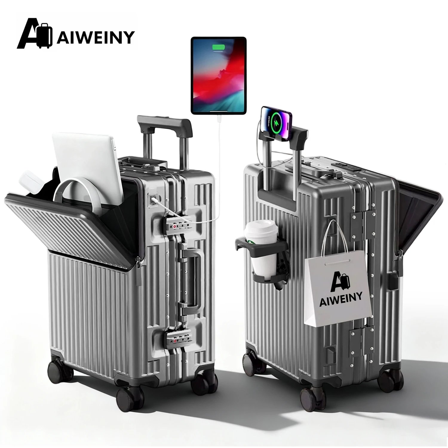 AIWEINY Aluminum Frame Suitcase PC Hard Shell Pressure-Resistant Travel Luggage, 360° Silent Swivel Wheels, with TSA Lock.