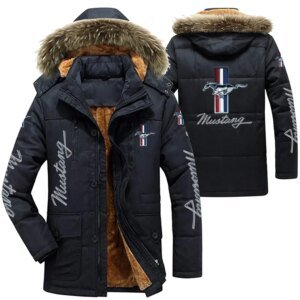 Mustang Logo Men's Winter Cotton Jackets Hooded Parkas Lamb Fur Lining Plus