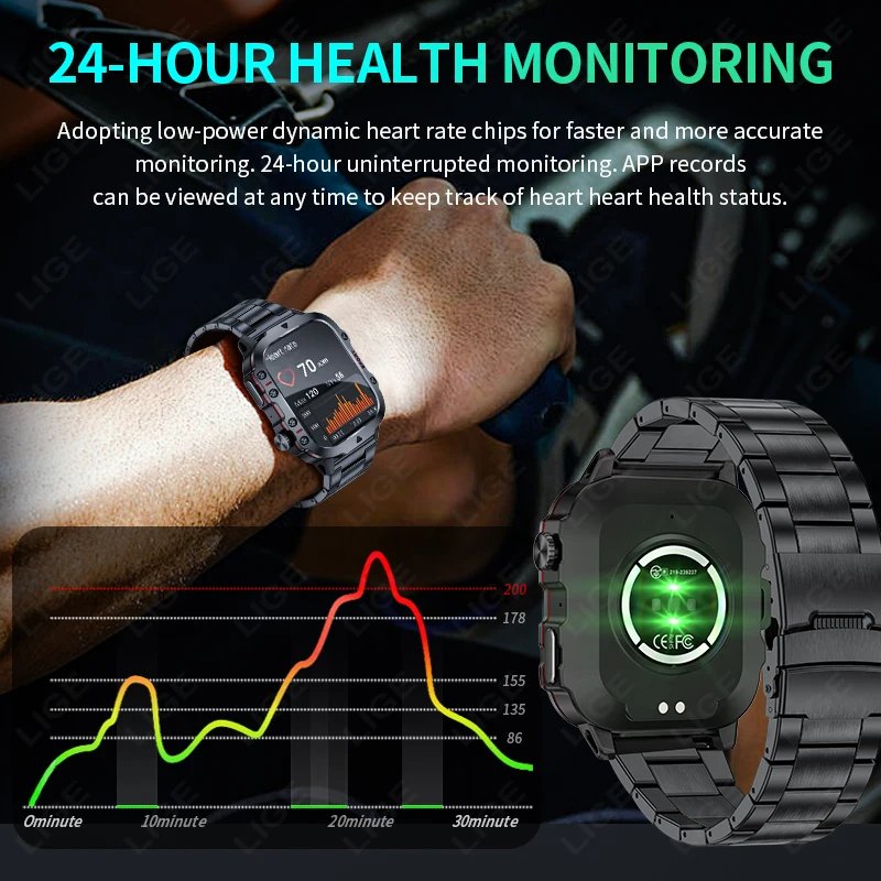 LIGE New Rugged Military GPS Smartwatch Men Bluetooth Call Health Monitorin - Imagen 3