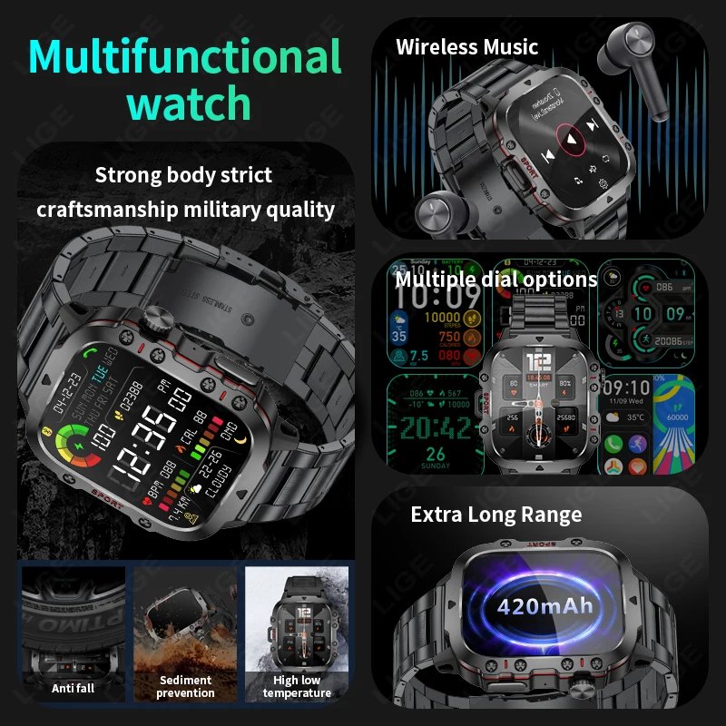 LIGE New Rugged Military GPS Smartwatch Men Bluetooth Call Health Monitorin - Imagen 2