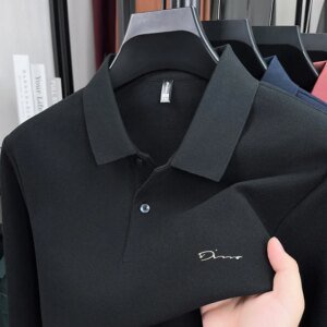 Men's Business Casual Polo Long Sleeve T-shirt Embroidery Comfortable Solid Cotton Top 2026 NEW