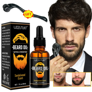 Natural Shea Beard Conditioning Oil Soften Strengthen Beard Sandalwood Scent 30ml and Gently Roller For Men Facial Hair Massage