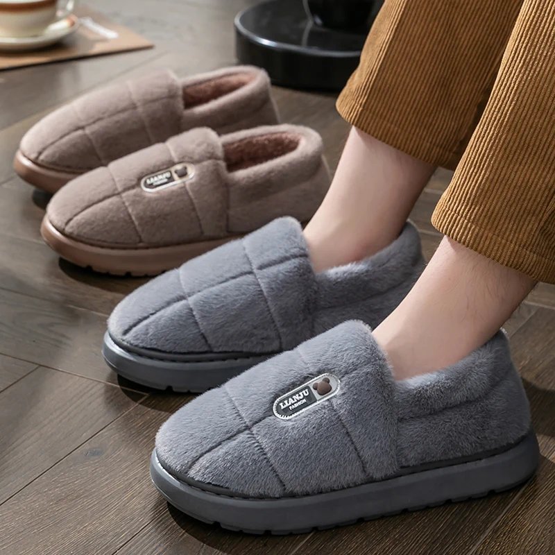 Men's slippers Winter Solid Color Wrap Heels Plush Slippers Non-slip Warm Women Men Home Casual Cotton Shoes Big Size 50 51 - Image 2