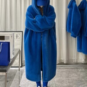 Lautaro Winter Long Oversized Warm Thick Blue White Fluffy Faux Fur Coat Women with Hood 2022 Loose Casual Korean Style Fashion