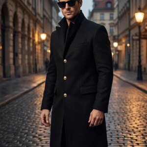 Men's Mid-length Wool Blend Overcoat, Classic Black Trench For Man, Winter Mans Jackets With Slim-fit Blazer Lapels
