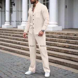 New Autumn Men's Suit, Waffle Plain-colored Long-sleevedshirt with Pocket Cardigan, Stylish Men's Casual Clothing Long Pants Set