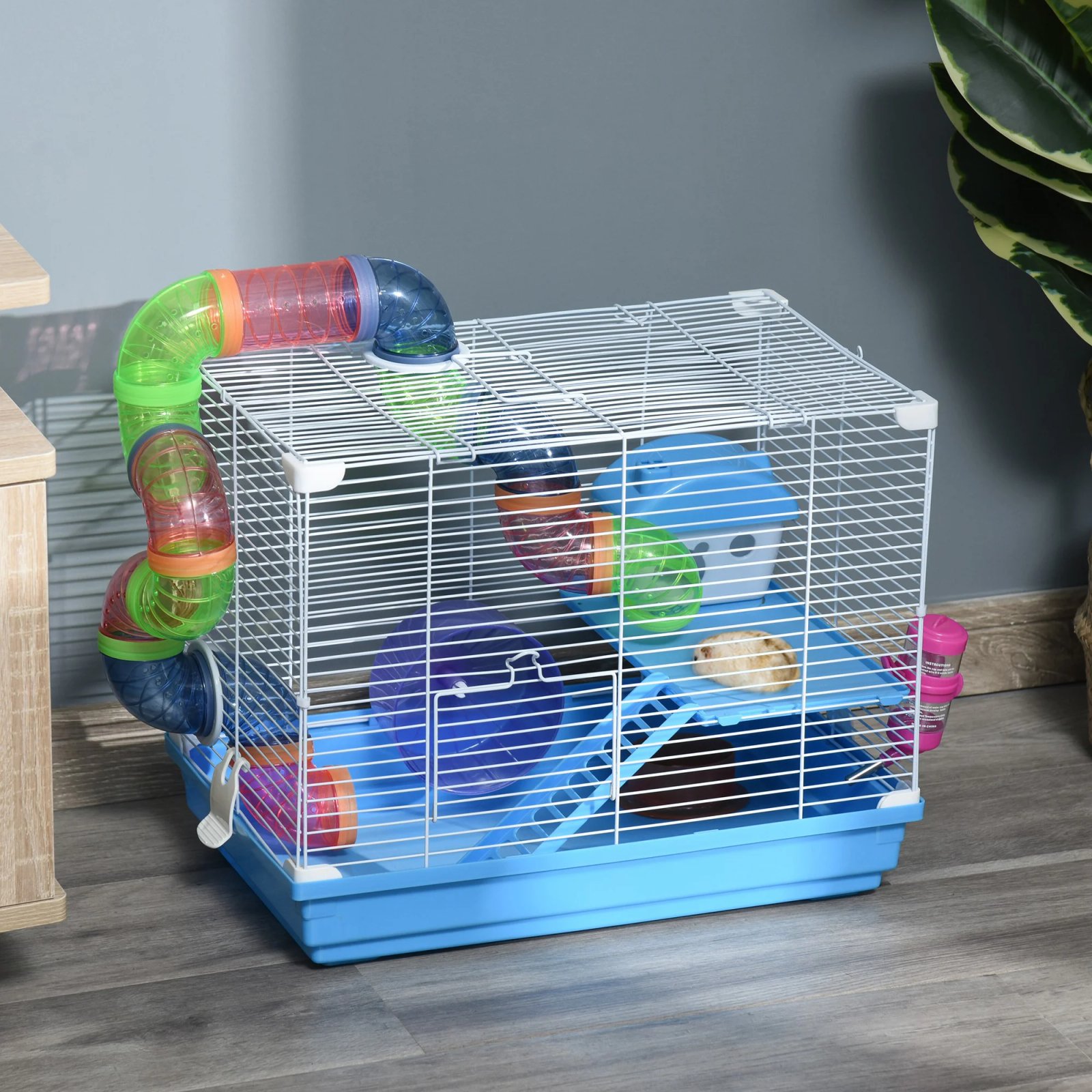 PawHut 2-tier hamster cage with water tank, removable tray, tunnel and hamster wheel, 46x30x37 cm, pet cage
