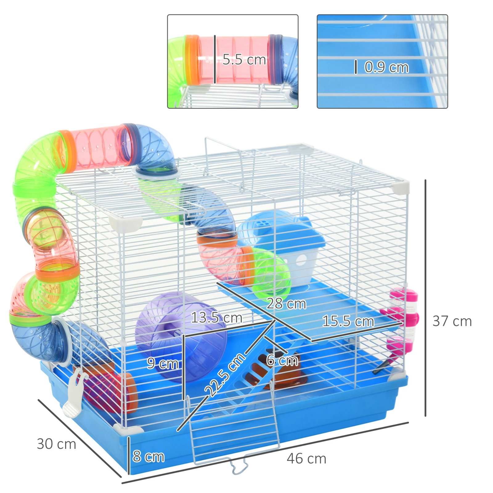 PawHut 2-tier hamster cage with water tank, removable tray, tunnel and hamster wheel, 46x30x37 cm, pet cage