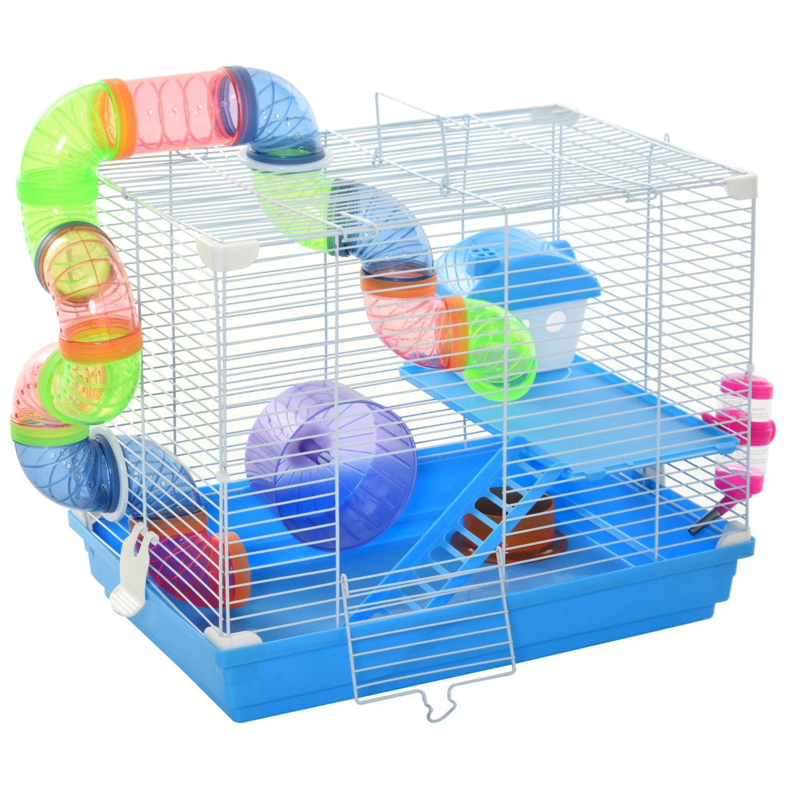 PawHut 2-tier hamster cage with water tank, removable tray, tunnel and hamster wheel, 46x30x37 cm, pet cage