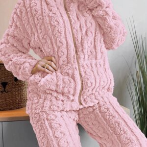 Autumn and Winter Fashion Two Piece Set 2Pcs Jacquard Textured Stand Collar Zip Up Fuzzy Teddy Top & Pants Set for Women