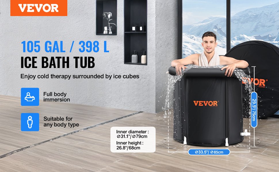 VEVOR - Bañera de hielo de 85 cm de largo para terapia de agua fría para deportistas, piscina de inmersión portátil para exteriores con barril de hielo para recuperación, bañera plegable inflable de 330 l con cubierta,