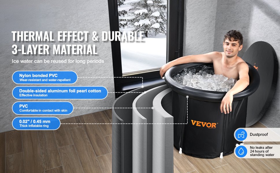 VEVOR - Bañera de hielo de 85 cm de largo para terapia de agua fría para deportistas, piscina de inmersión portátil para exteriores con barril de hielo para recuperación, bañera plegable inflable de 330 l con cubierta,