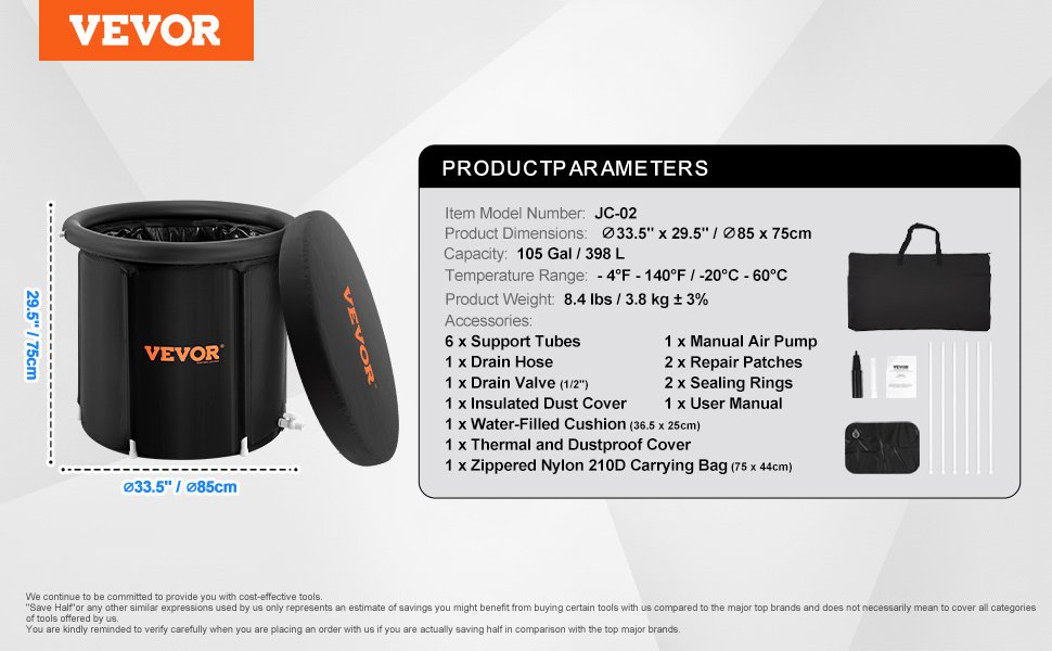 VEVOR - Bañera de hielo de 85 cm de largo para terapia de agua fría para deportistas, piscina de inmersión portátil para exteriores con barril de hielo para recuperación, bañera plegable inflable de 330 l con cubierta,