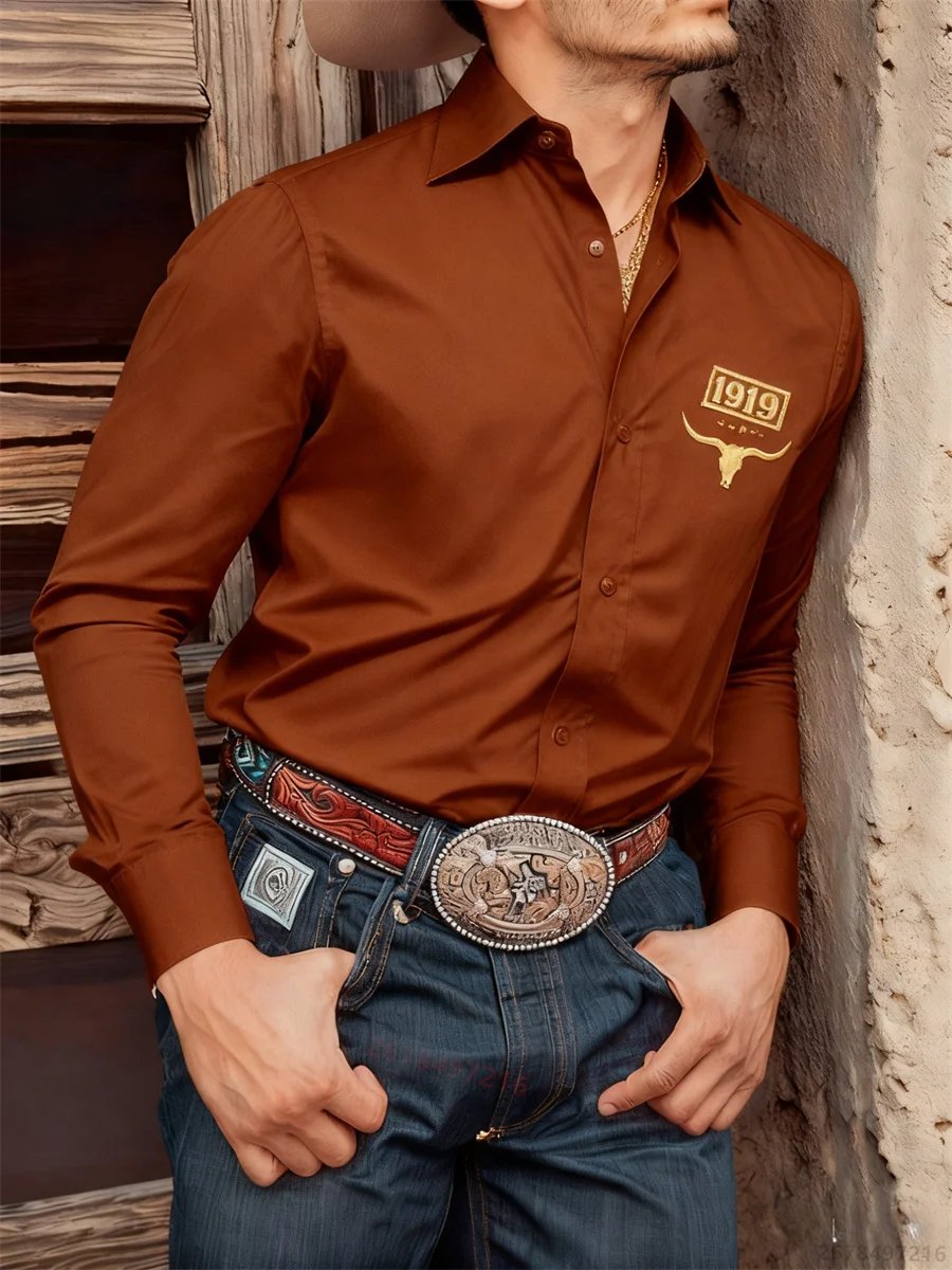 Camisa negra de manga larga para hombre, camisa informal con estampado 3D de cabeza de toro retro de estilo occidental, camiseta cómoda para desplazamientos diarios para hombre.