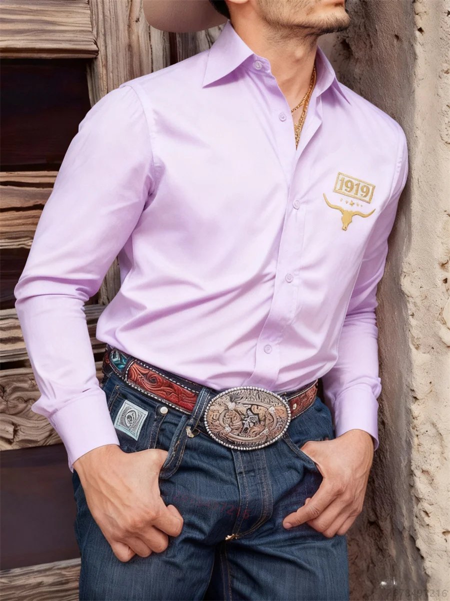 Camisa negra de manga larga para hombre, camisa informal con estampado 3D de cabeza de toro retro de estilo occidental, camiseta cómoda para desplazamientos diarios para hombre.