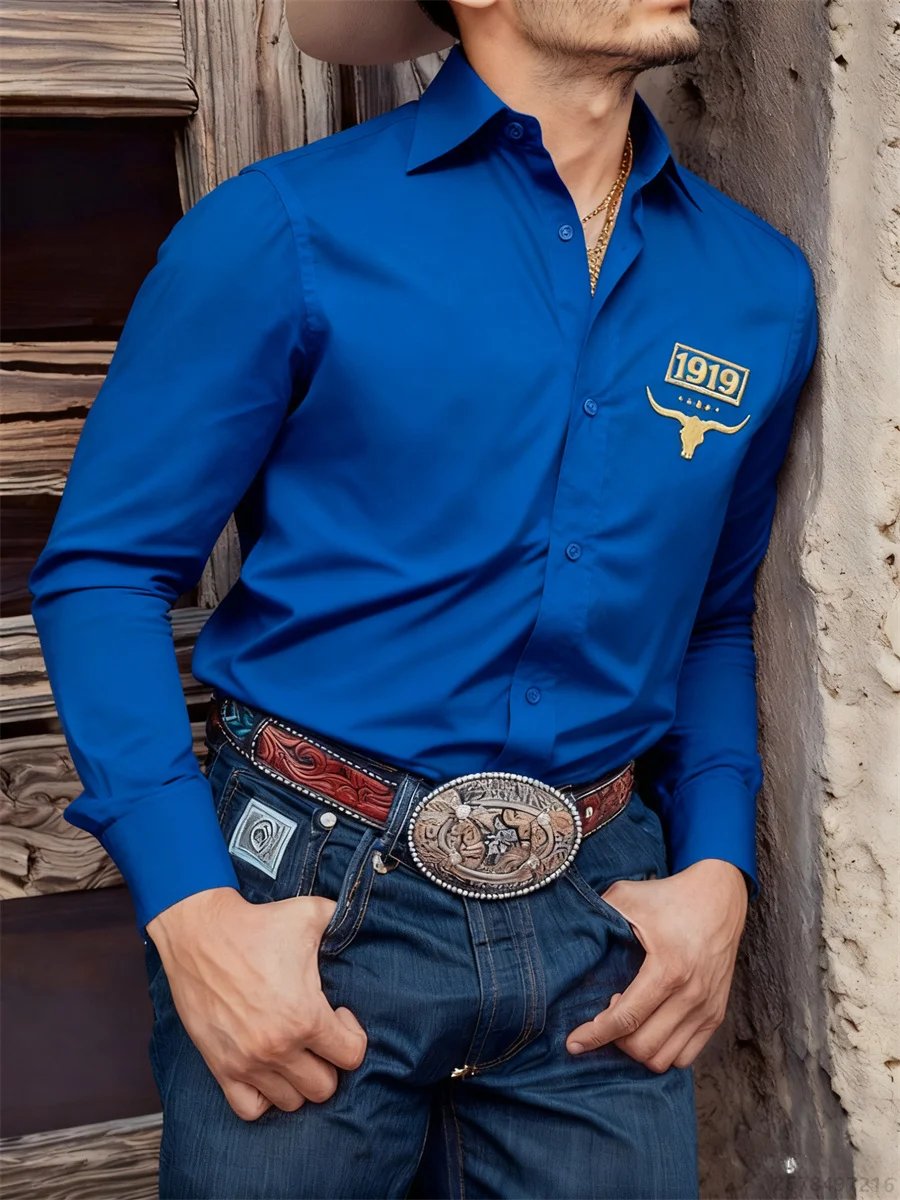 Camisa negra de manga larga para hombre, camisa informal con estampado 3D de cabeza de toro retro de estilo occidental, camiseta cómoda para desplazamientos diarios para hombre.