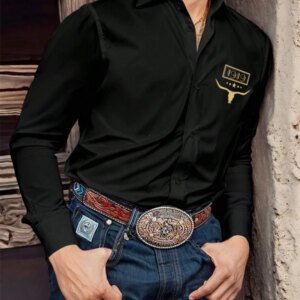 Camisa negra de manga larga para hombre, camisa informal con estampado 3D de cabeza de toro retro de estilo occidental, camiseta cómoda para desplazamientos diarios para hombre.