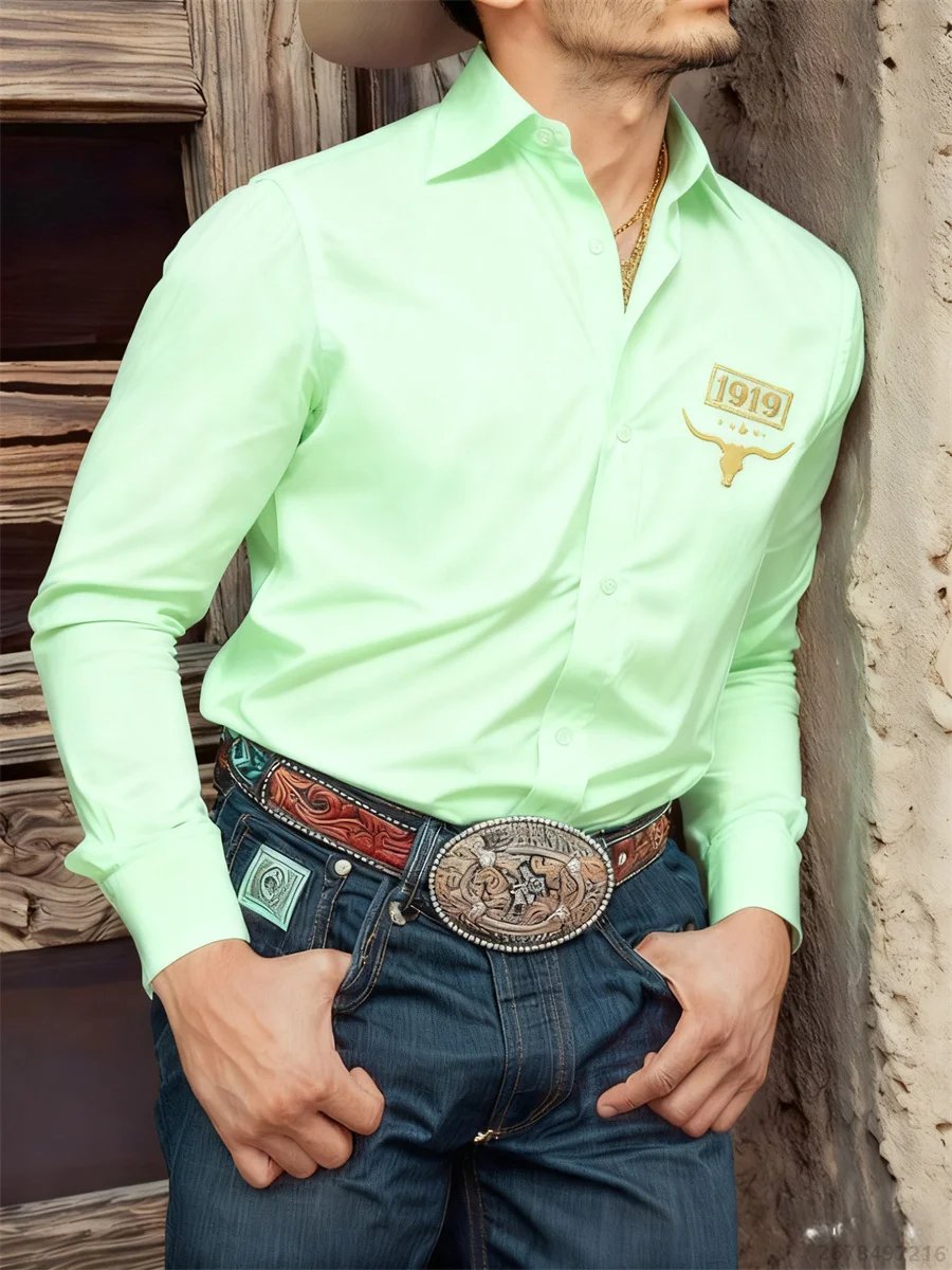 Camisa negra de manga larga para hombre, camisa informal con estampado 3D de cabeza de toro retro de estilo occidental, camiseta cómoda para desplazamientos diarios para hombre.