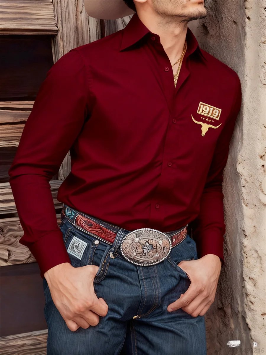 Camisa negra de manga larga para hombre, camisa informal con estampado 3D de cabeza de toro retro de estilo occidental, camiseta cómoda para desplazamientos diarios para hombre.