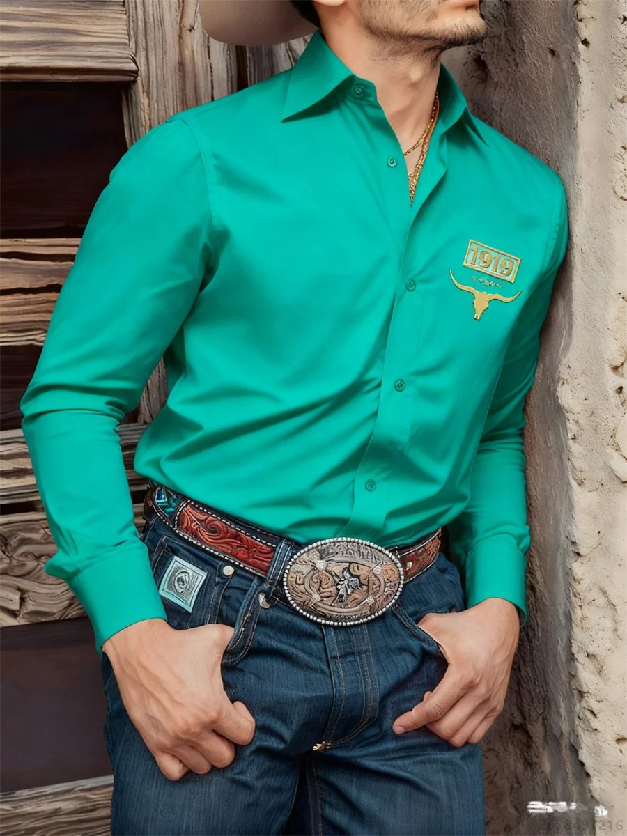 Camisa negra de manga larga para hombre, camisa informal con estampado 3D de cabeza de toro retro de estilo occidental, camiseta cómoda para desplazamientos diarios para hombre.