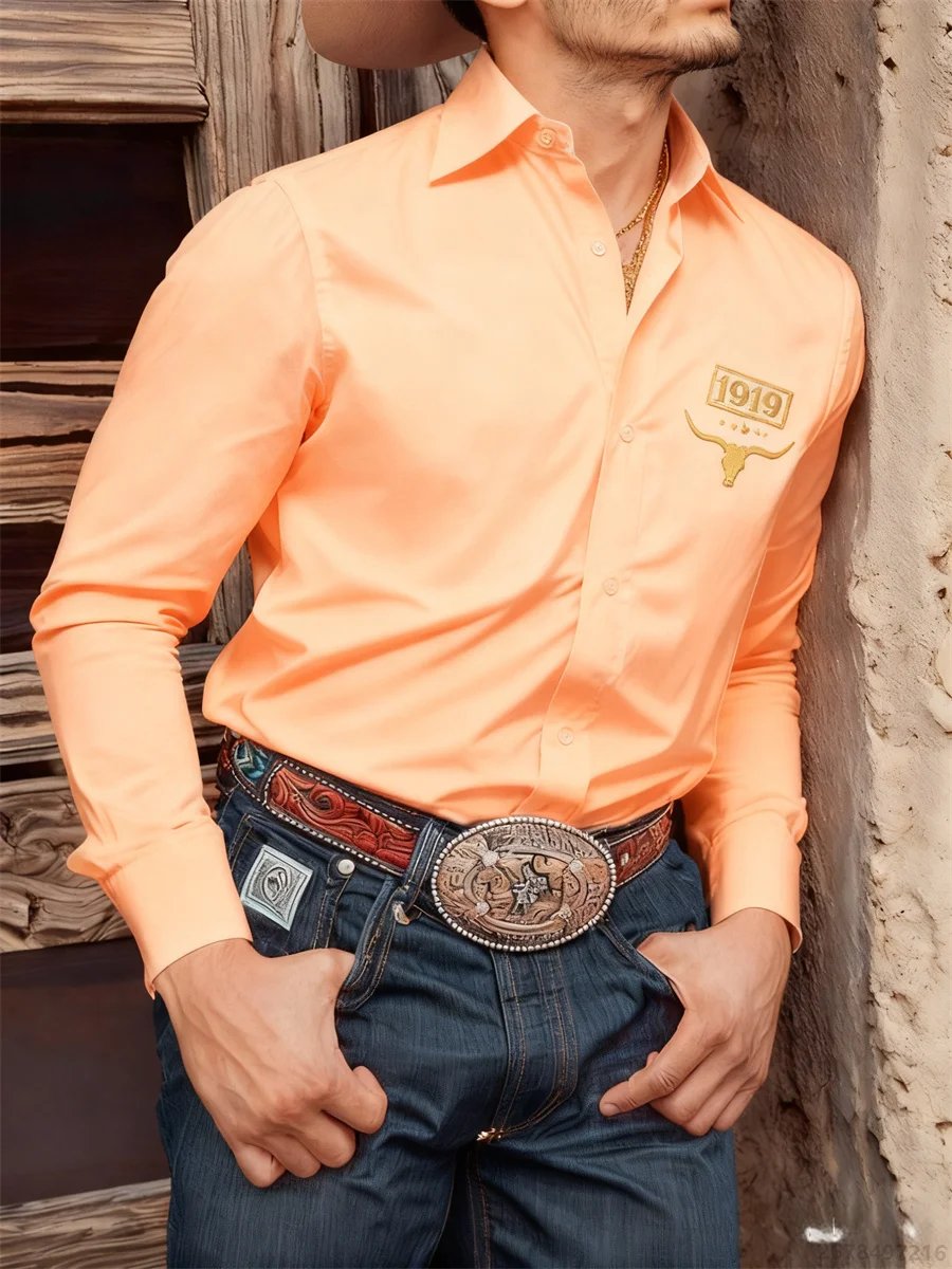 Camisa negra de manga larga para hombre, camisa informal con estampado 3D de cabeza de toro retro de estilo occidental, camiseta cómoda para desplazamientos diarios para hombre.