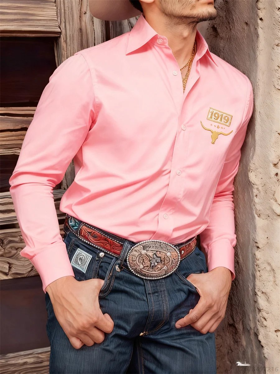 Camisa negra de manga larga para hombre, camisa informal con estampado 3D de cabeza de toro retro de estilo occidental, camiseta cómoda para desplazamientos diarios para hombre.