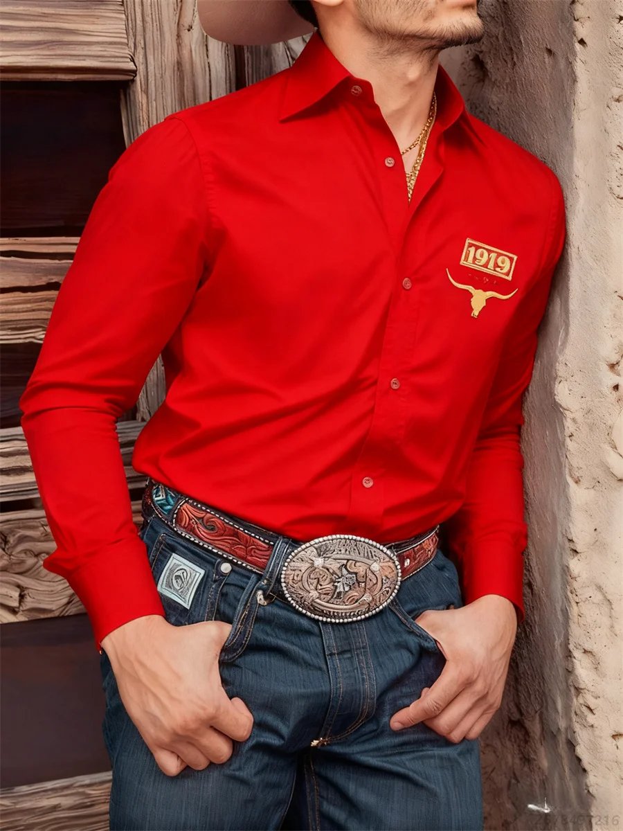 Camisa negra de manga larga para hombre, camisa informal con estampado 3D de cabeza de toro retro de estilo occidental, camiseta cómoda para desplazamientos diarios para hombre.