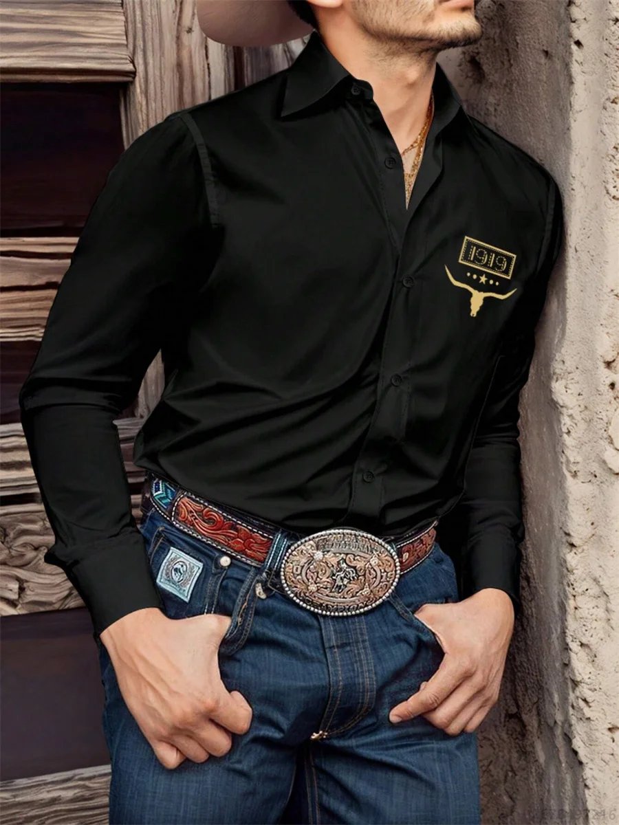 Camisa negra de manga larga para hombre, camisa informal con estampado 3D de cabeza de toro retro de estilo occidental, camiseta cómoda para desplazamientos diarios para hombre.