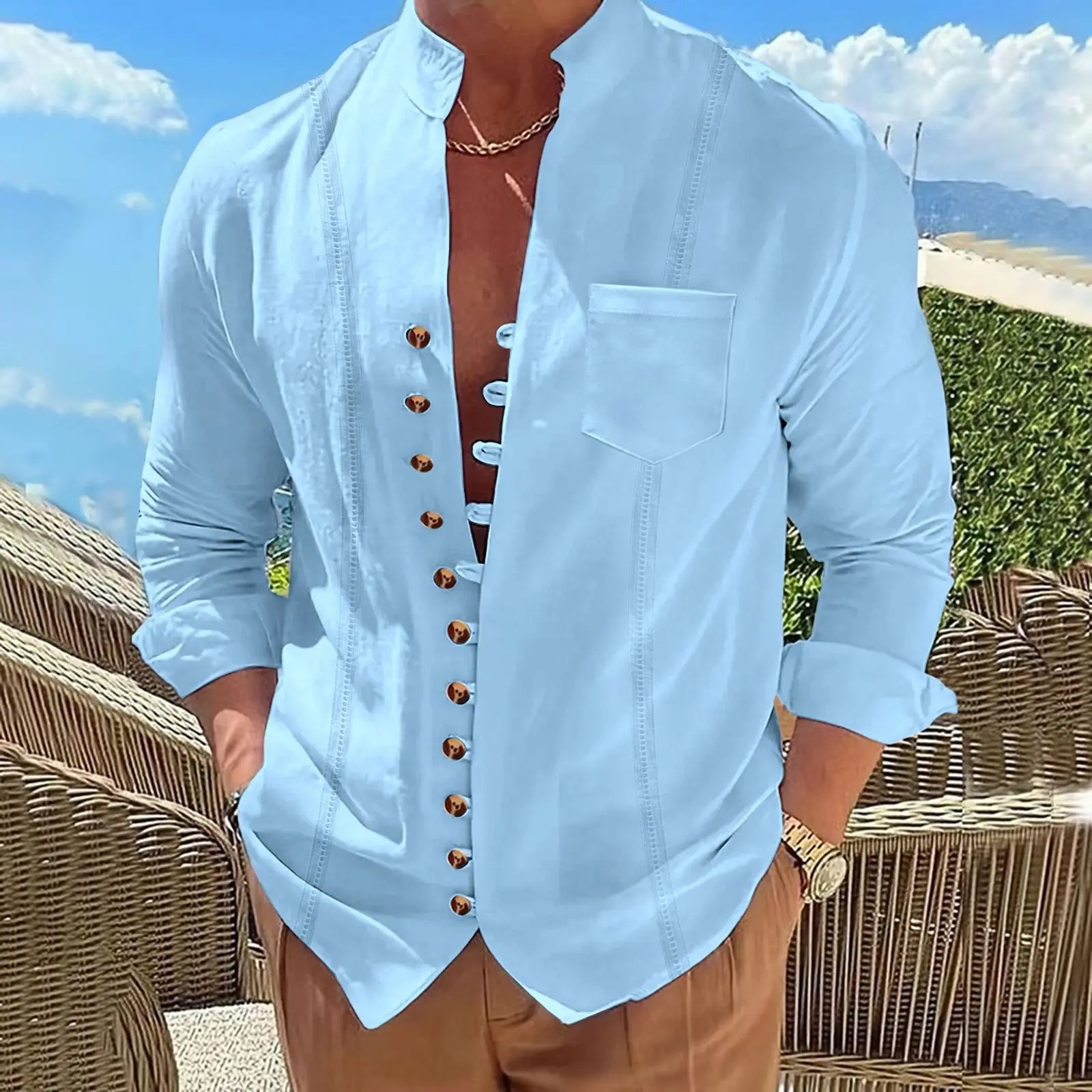 2025 Camisa de manga larga con cuello levantado retro y bolsillo de algodón y lino para hombre Cárdigan informal a rayas de color sólido con múltiples botones