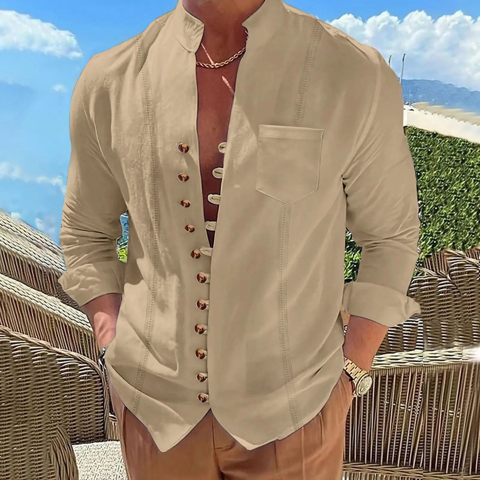 2025 Camisa de manga larga con cuello levantado retro y bolsillo de algodón y lino para hombre Cárdigan informal a rayas de color sólido con múltiples botones