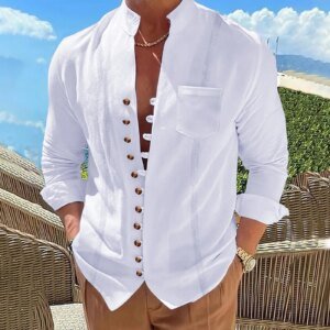 2025 Camisa de manga larga con cuello levantado retro y bolsillo de algodón y lino para hombre Cárdigan informal a rayas de color sólido con múltiples botones