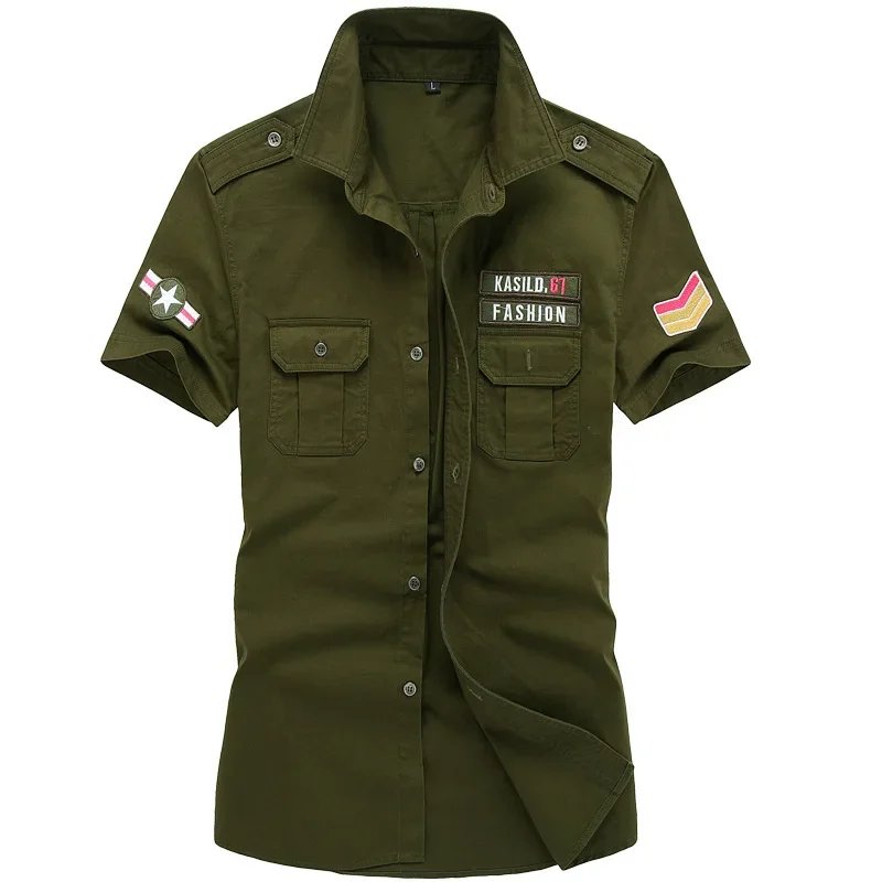 Camisa militar para hombre, camisas Cargo de manga corta, camisa informal lisa de algodón 100%, camisa de trabajo con bolsillo, novedad de 2023