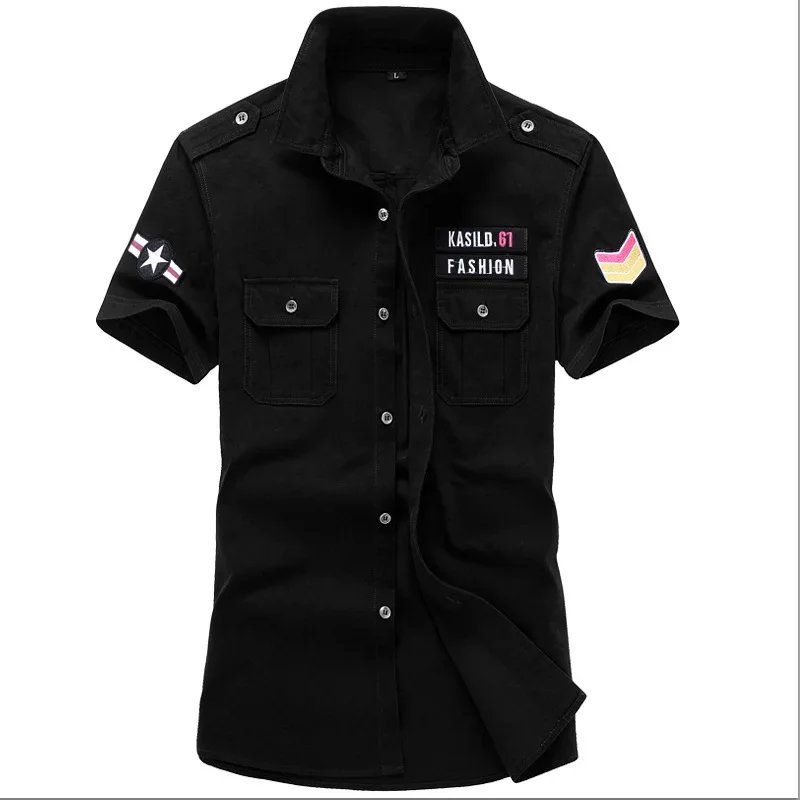 Camisa militar para hombre, camisas Cargo de manga corta, camisa informal lisa de algodón 100%, camisa de trabajo con bolsillo, novedad de 2023