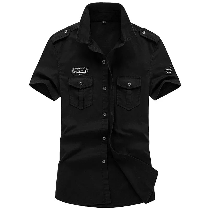 Camisa militar para hombre, camisas Cargo de manga corta, camisa informal lisa de algodón 100%, camisa de trabajo con bolsillo, novedad de 2023
