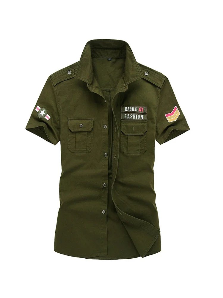 Camisa militar para hombre, camisas Cargo de manga corta, camisa informal lisa de algodón 100%, camisa de trabajo con bolsillo, novedad de 2023