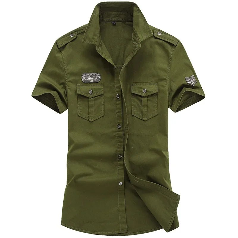 Camisa militar para hombre, camisas Cargo de manga corta, camisa informal lisa de algodón 100%, camisa de trabajo con bolsillo, novedad de 2023