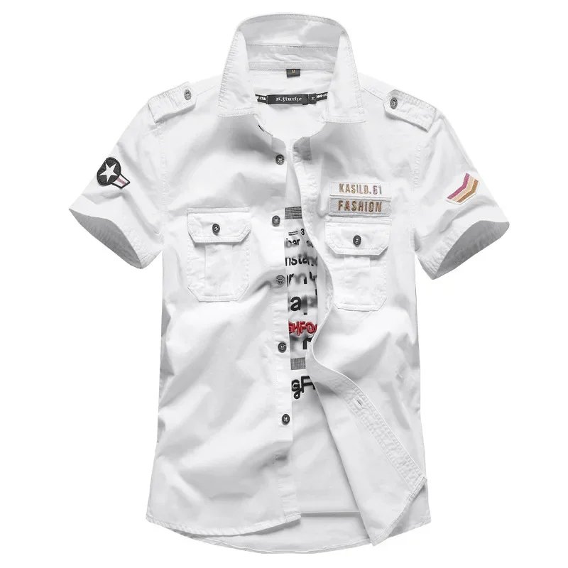 Camisa militar para hombre, camisas Cargo de manga corta, camisa informal lisa de algodón 100%, camisa de trabajo con bolsillo, novedad de 2023