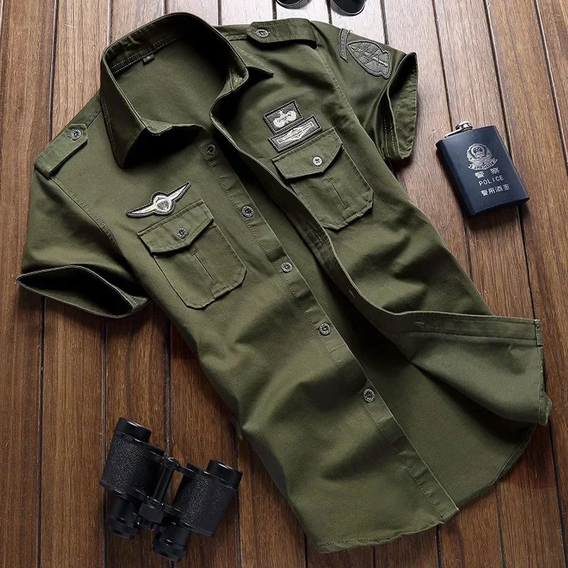 Camisa militar para hombre, camisas Cargo de manga corta, camisa informal lisa de algodón 100%, camisa de trabajo con bolsillo, novedad de 2023