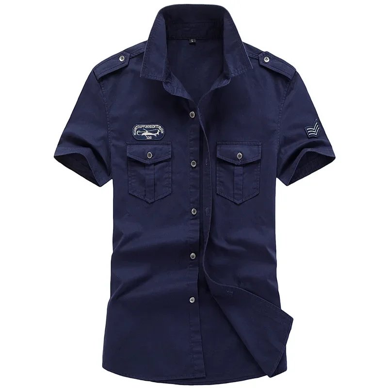 Camisa militar para hombre, camisas Cargo de manga corta, camisa informal lisa de algodón 100%, camisa de trabajo con bolsillo, novedad de 2023