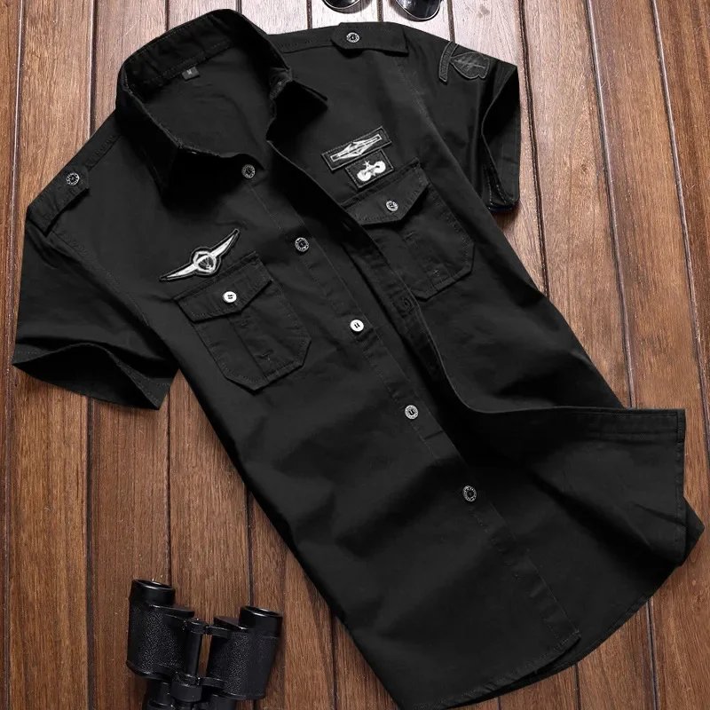 Camisa militar para hombre, camisas Cargo de manga corta, camisa informal lisa de algodón 100%, camisa de trabajo con bolsillo, novedad de 2023