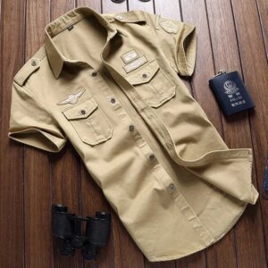 Camisa militar para hombre, camisas Cargo de manga corta, camisa informal lisa de algodón 100%, camisa de trabajo con bolsillo, novedad de 2023
