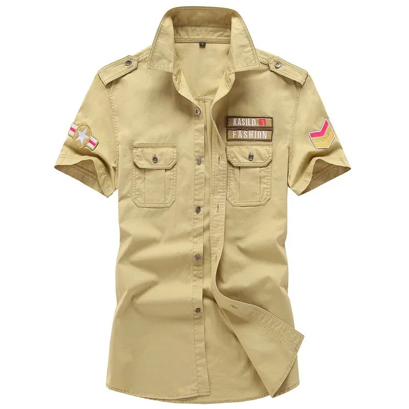 Camisa militar para hombre, camisas Cargo de manga corta, camisa informal lisa de algodón 100%, camisa de trabajo con bolsillo, novedad de 2023