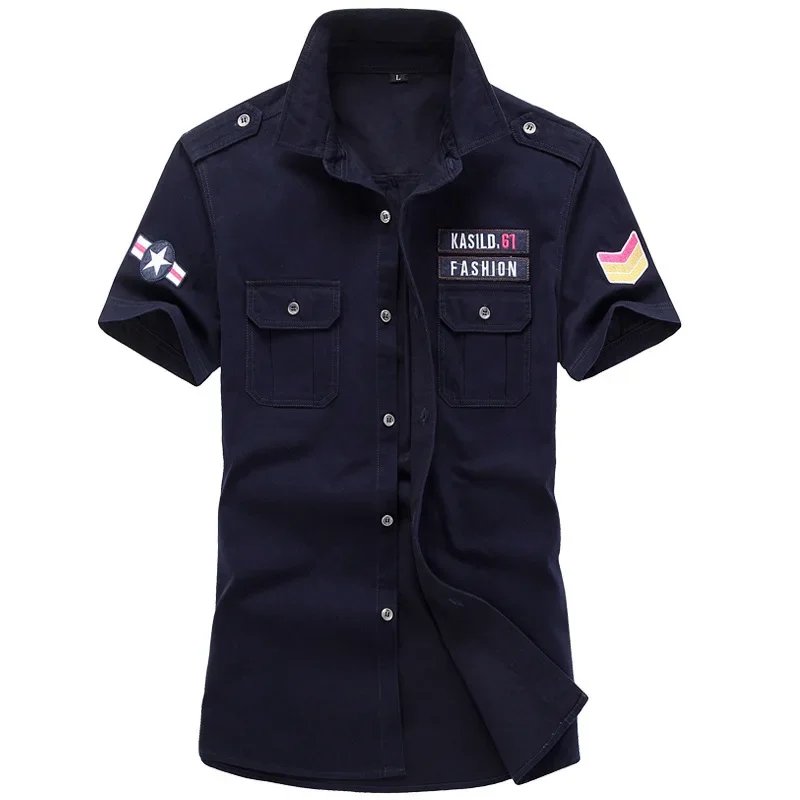 Camisa militar para hombre, camisas Cargo de manga corta, camisa informal lisa de algodón 100%, camisa de trabajo con bolsillo, novedad de 2023