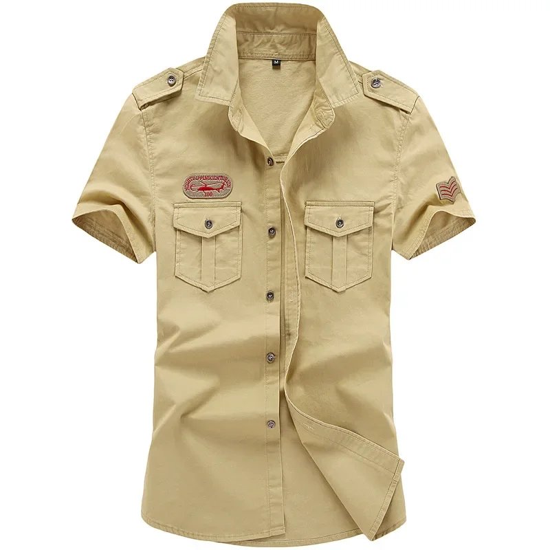 Camisa militar para hombre, camisas Cargo de manga corta, camisa informal lisa de algodón 100%, camisa de trabajo con bolsillo, novedad de 2023
