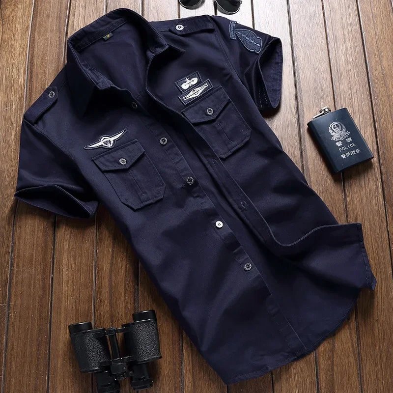 Camisa militar para hombre, camisas Cargo de manga corta, camisa informal lisa de algodón 100%, camisa de trabajo con bolsillo, novedad de 2023