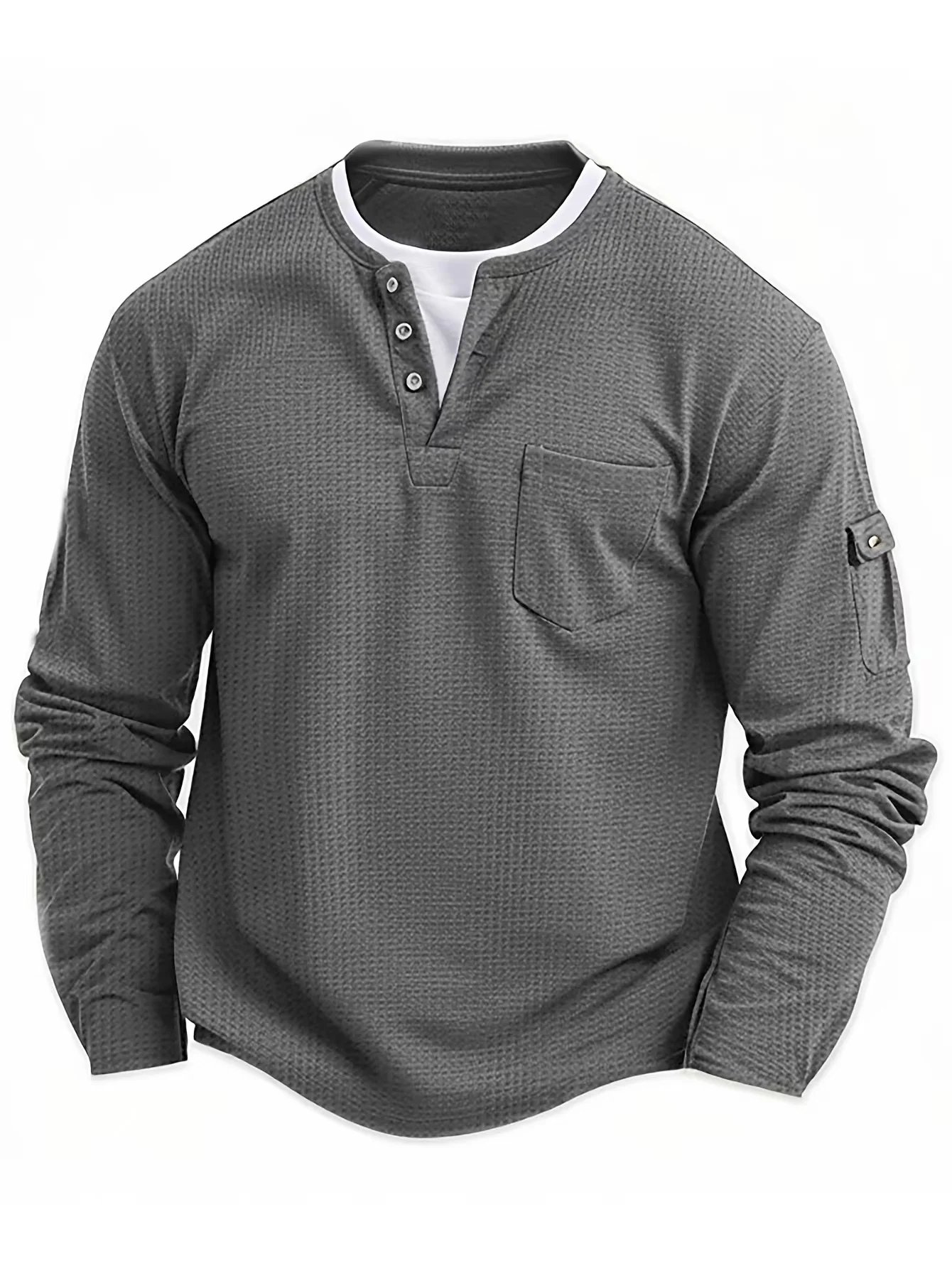 Camiseta informal de manga larga con bolsillo y cuello Henry para hombre, ropa de calle retro de color sólido para playa