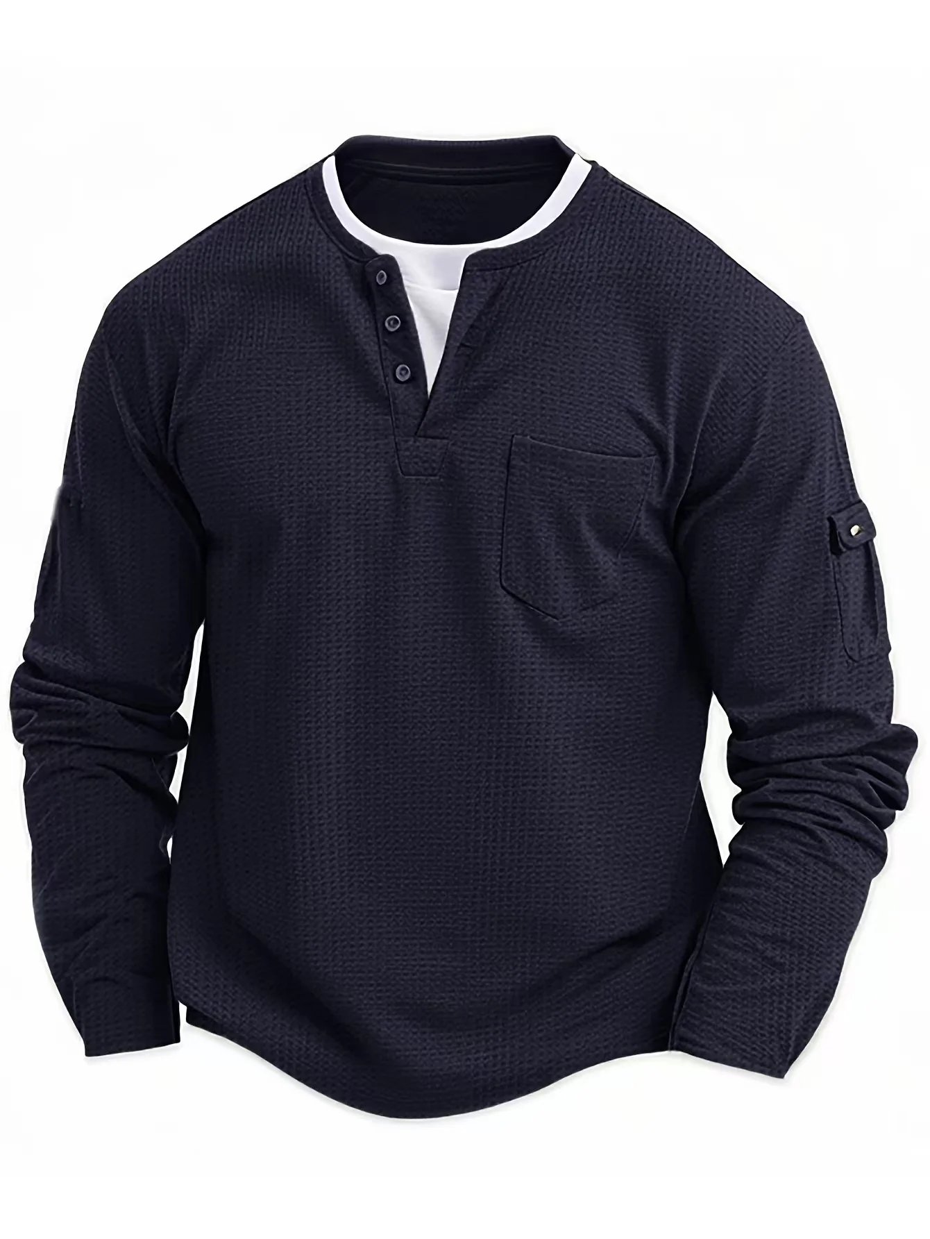 Camiseta informal de manga larga con bolsillo y cuello Henry para hombre, ropa de calle retro de color sólido para playa