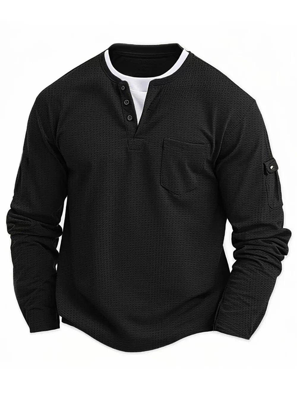 Camiseta informal de manga larga con bolsillo y cuello Henry para hombre, ropa de calle retro de color sólido para playa