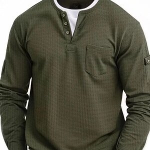 Camiseta informal de manga larga con bolsillo y cuello Henry para hombre, ropa de calle retro de color sólido para playa